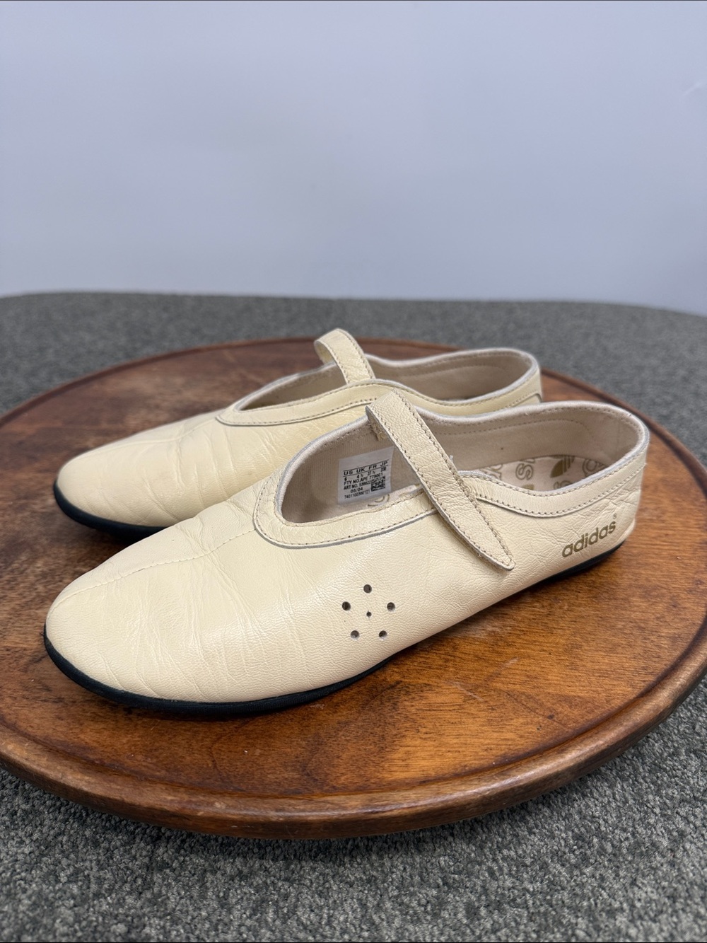 adidas Shoes Wm 6 Cream Leather Mary Jane Ballet Strap Sneaker Flats Vintage Y2K